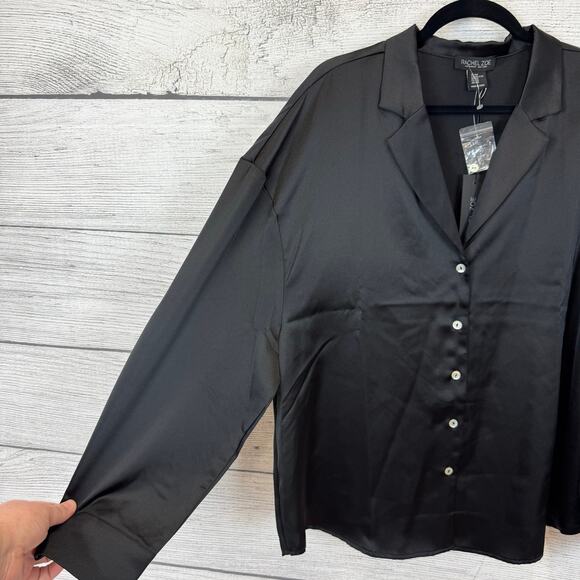Rachel Zoe Plus Size Black Satin Button Up Long Sleeve Blouse Size XXL - Picture 4 of 7